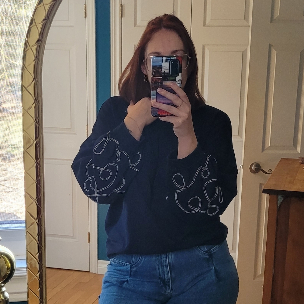 Navy Blue Sweater with Embroidered Balloon Sleeve